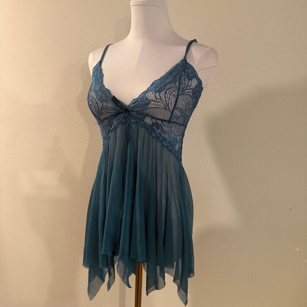 Blue Sheer Lace Babydoll Chemise Tank Nightgown Lingerie Handkerchief XS Sexy - Picture 6 of 8